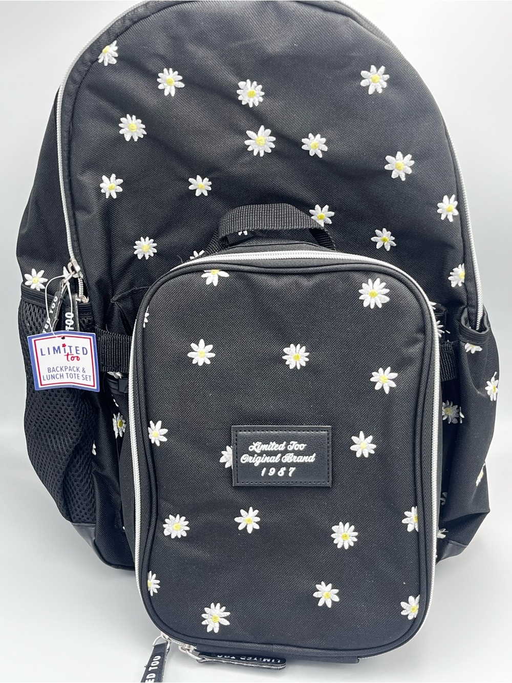 Limited Too Black Daisy Backpack with Matching Lunch Tote